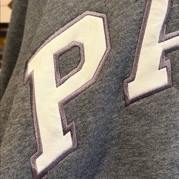 PARKE Varsity Fleece Mockneck Sweatshirt in Stormy Grey + White size L/XL EUC - Picture 3 of 12